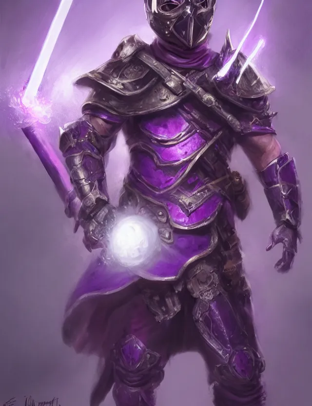 Image similar to a masked warrior in purple armour glowing violet, wielding a large purple sword that flashes with lightning, by frank fazetta and peter mohrbacher, trending on artstation, digital art, 4 k resolution, detailed, high quality, hq artwork, coherent, insane detail, concept art, character concept, character full body portrait