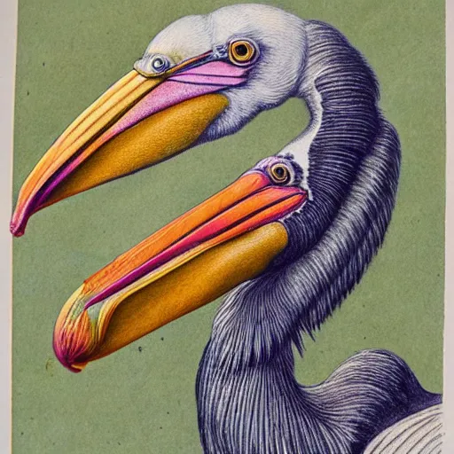 Prompt: pelican portrait, detailed vintage botanical flower feathers, vivid color pencil drawing, Ernst Haeckel