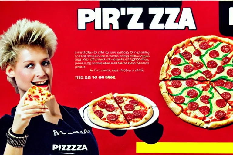 Image similar to 80s, pizza, advertisement, high quality