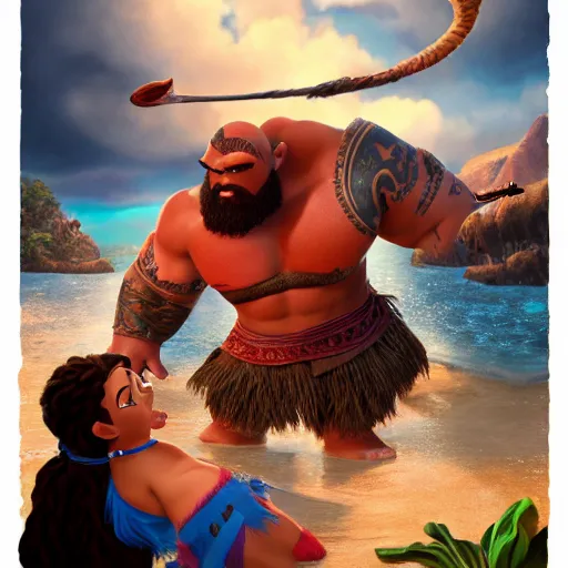 Image similar to kratos fighting with moana rendered by disney