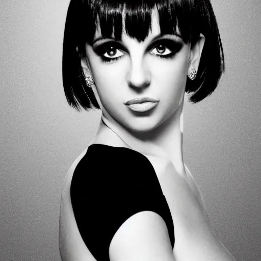 Image similar to photographic portrait of a hybrid of liza minelli and britney spears aged 2 2, with a fringe, 8 k