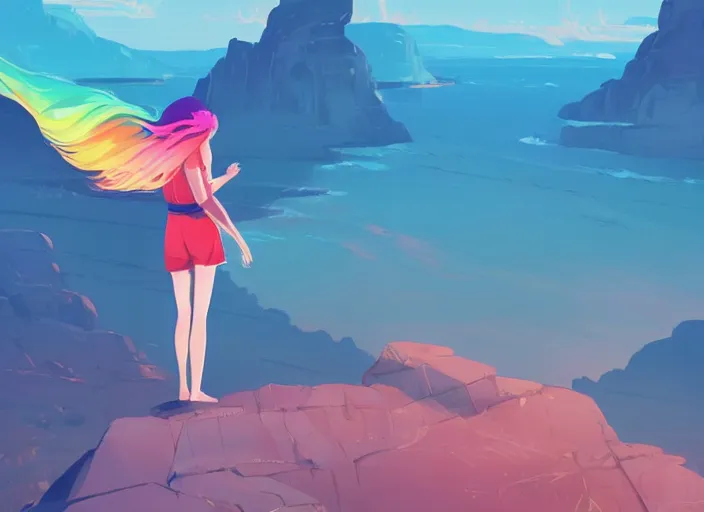 Image similar to a beautiful young woman with rainbow hair standing on a clifftop. clean cel shaded vector art. shutterstock. behance hd by lois van baarle, artgerm, helen huang, by makoto shinkai and ilya kuvshinov, rossdraws, illustration, art by ilya kuvshinov