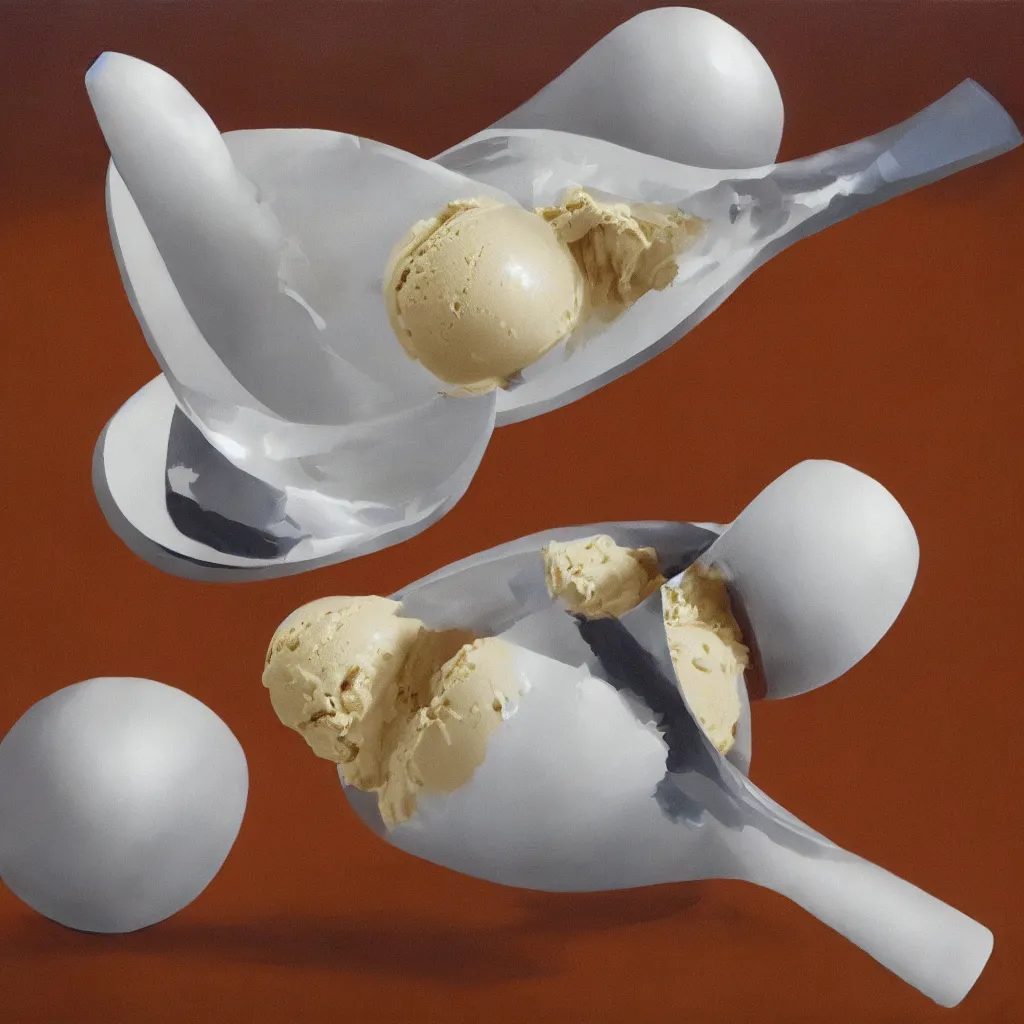 Prompt: Hyperrealistic symmetric painting of a levitating ice cream cone filled with mirror-like liquid mercury