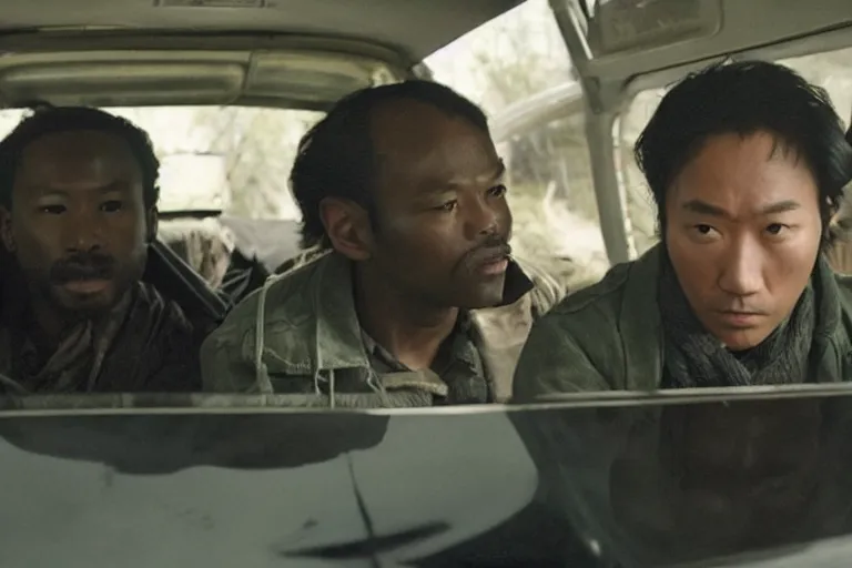 Image similar to movie diverse interracial team of Japanese robbers armed with rifles interior van, beautiful skin, natural lighting by Emmanuel Lubezki