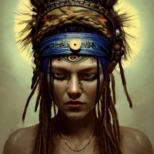 A young blindfolded shaman woman with a decorated, Stable Diffusion