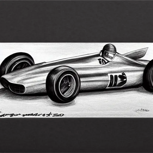 Prompt: Hand drawn pencil sketch of a classic 1954 Ferrari Formula 1 car