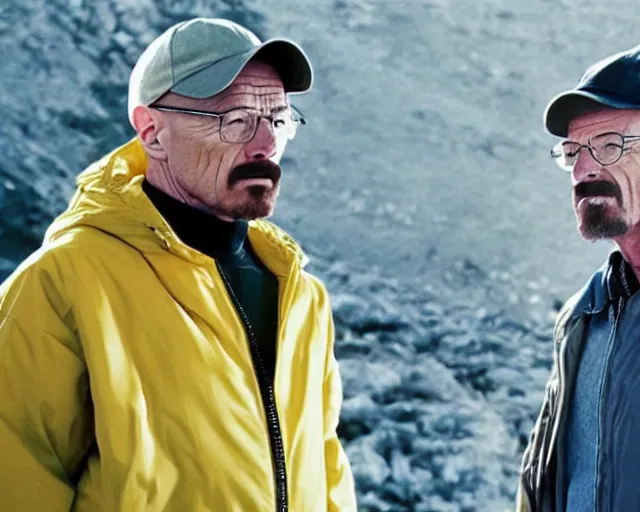 Prompt: Walter White wearing a puffer jacket and a baseball cap, movie still, realistic