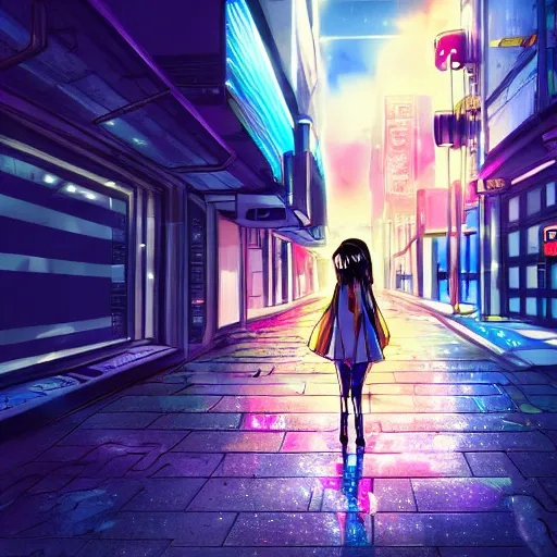 Prompt: An anime girl walking through a city at night, the neon lights reflecting off her eyes, trending pixiv anime art