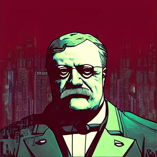 Image similar to cyberpunk theodore roosevelt as the leader of a futuristic communist nation, cybernetics, sharp lines, digital, artstation, colored in