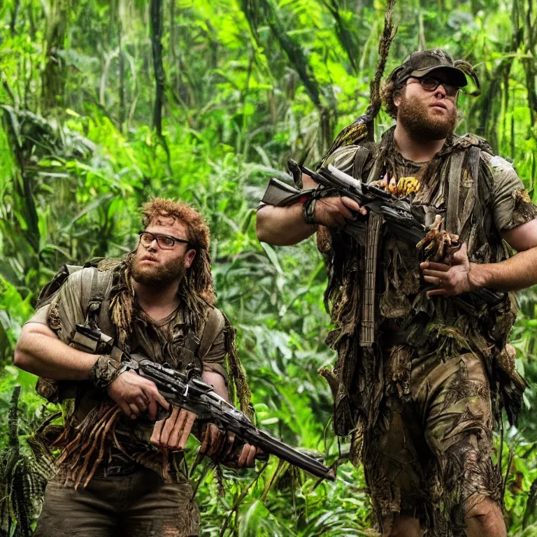 Prompt: seth rogan in the movie predator with rifle in the jungle, photo - realism, realism, predator, jungle camo