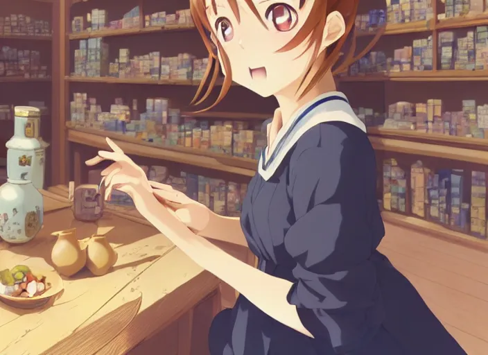 Image similar to anime visual, portrait of a young female traveler in a alchemist's shop interior, cute face by yoh yoshinari, katsura masakazu, studio lighting, dynamic pose, dynamic perspective, strong silhouette, anime cels, ilya kuvshinov, cel shaded, crisp and sharp, rounded eyes, moody, blue colors!!!!!!