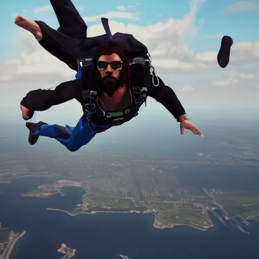 Image similar to portrait of jesus skydiving, gta artstyle, wide shot, dramatic lighting, octane render, hyperrealistic, high quality, highly detailed, HD, beautiful, cinematic, 8k, unreal engine, facial accuracy, anatomical accuracy, symmetrical