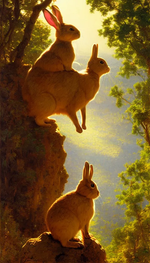 Image similar to hyper realistic rabbit looking off of a cliff, sun setting behind rabbit, lush forest in valley below, painted by gaston bussiere, craig mullins, j. c. leyendecker 8 k