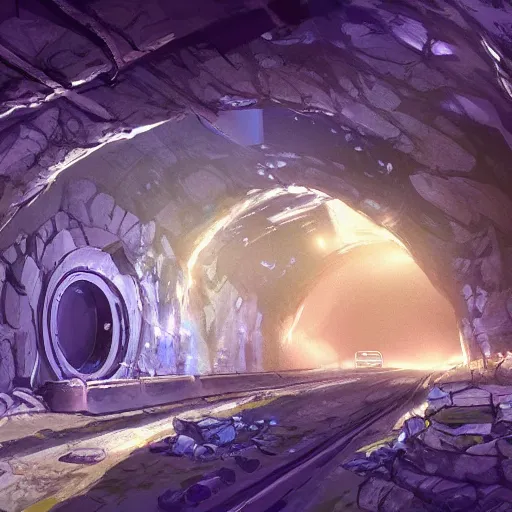 Image similar to concept art painting of a mine tunnel with blue crystals, realistic, detailed, cel shaded, in the style of makoto shinkai and greg rutkowski and james gurney