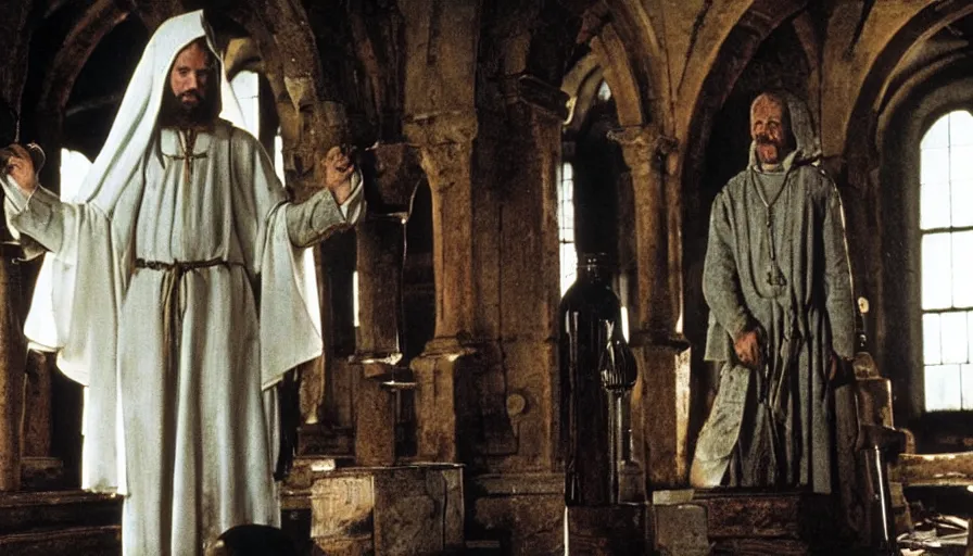 Prompt: Movie by Ridley Scott about an 16th century alchemist lab where a lavishly dressed necromancer priest is crucified