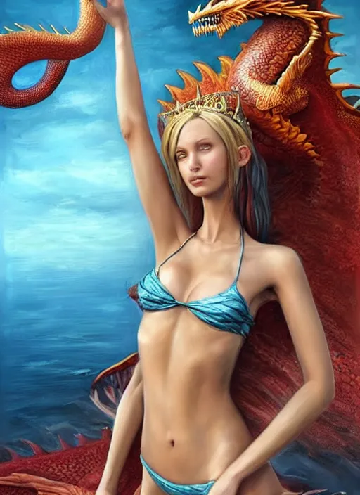 Image similar to a painting of a beautiful fantasy queen in a bikini next to a dragon, a photorealistic painting by Jaime Jones, deviantart contest winner, fantasy art, daz3d, fantasy,perfect symmetrica body shape,symmetrical face,intricate,elegant,highly detailed,8k,post-processing,digital painting,trending on pinterest,concept art, sharp focus, illustration,golden ratio