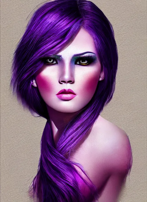 Image similar to photorealistic 3 0 0 0 one eye cyclope beautiful female with purple hair portrait photography feroflex photorealistic studio lighting ektachrome detailed intricate face details, ultradetails, beautiful face, realistic shaded perfect face, extremely fine details