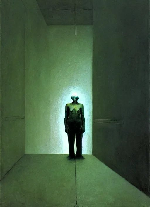 Image similar to a man wrapped in tin foil lingering at liminal, haunted space by Edward Hopper and James Gilleard, Zdzislaw Beksinski, highly detailed