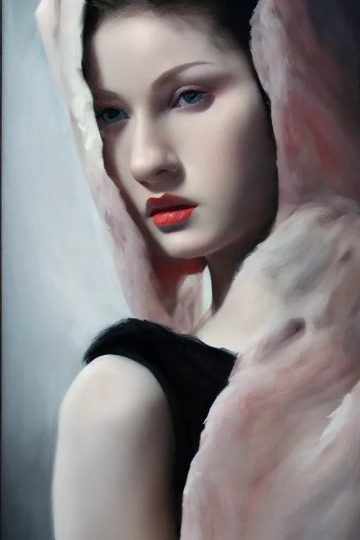 Prompt: hyperrealism oil painting, close - up portrait, fashion model, pale skin, black stars, complete darkness background, soft light, in style of classicism mixed with 8 0 s japanese sci - fi books art