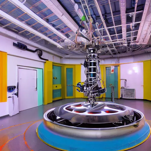 Prompt: interior of alien laboratory with strange device at the center of a room, bright colors, photo