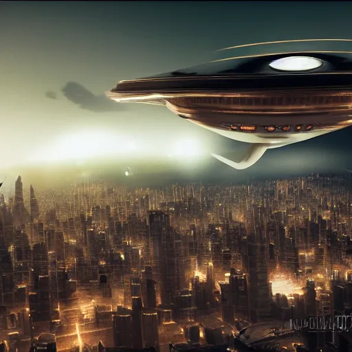 Prompt: a 1960s photograph of a giant spaceship flying over a city, dramatic lighting, cinematic, establishing shot, extremely high detail, foto realistic, cinematic lighting, post processed, concept art, high details, cinematic, 8k resolution, beautiful detailed, photorealistic, digital painting, artstation, concept art, smooth, sharp focus, artstation trending, octane render, unreal engine