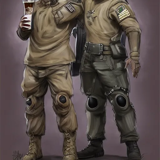 Image similar to two humanoid german shepherds beast - men in military style, they holding a beer, artstation, concept art, smooth, sharp foccus ilustration, artstation