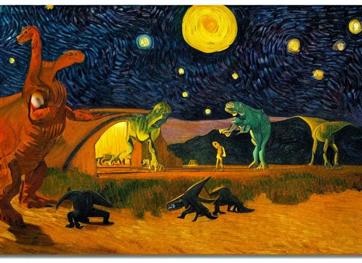 Image similar to painting of the extinction of the dinosaurs with asteroid and fire, in the style of edward hopper and vincent van gogh, dramatic lighting at dusk