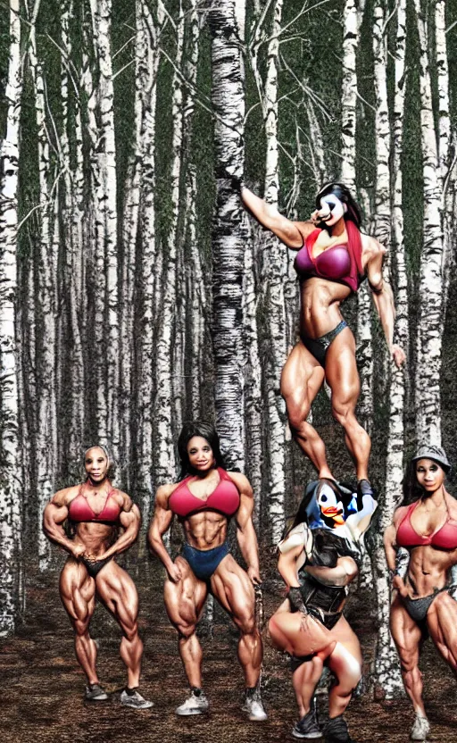 Image similar to photo of several female bodybuilders posing in a birch forest, beautiful detailed face, ultra realistic, concept art, intricate details, serious, highly detailed, photorealistic, octane render, 8 k, unreal engine, art by todd mcfarlane