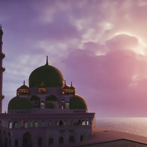 Prompt: an old mosque with huge dome and tall minarets, a sunset and a huge clouds in the background, heavy sea in front, on style of aivazovsky, 4k, epic lights, sun beams, ultra details, hyper realistic, octane render, unreal engine, unbelievable graphics, 8k,