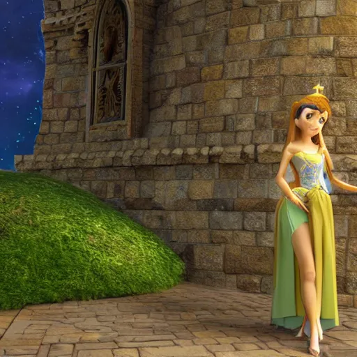 Image similar to a pleasant, beautiful, funny, smooth 3D CG render, semirealistic anime style, a noble priestess magician princess girl wearing dress and jewelry, in a glorious magic kingdom with castle and walls, relaxing calm vibes, fairytale, octane render