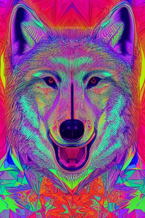 Prompt: Portrait of a wolf head. Psychedelic, acid trip, Geometrical, symmetrical, brutalist, cement, psychedelic colors, trending on artstation