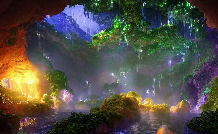 Image similar to a beautiful and stunning digital render of a humongous geode cave, dimly glowing diamonds, mushrooms, vines, haze, waterfall, volumetric lighting, photorealistic, unreal engine 5, ultra detail, trending on artstation