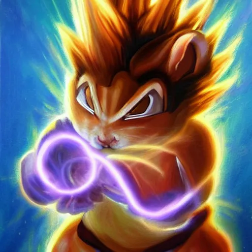 Image similar to hamster going super saiyan, oil painting