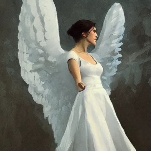 Image similar to Painting by Greg Rutkowski, an opera singer in a white dress with wings on stage