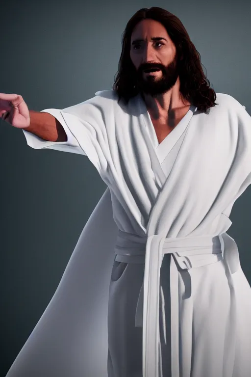 Image similar to jesus christ wearing a white robe, dancing in the emergency room, hyper detailed, accent lighting, dramatic light, 4 k octane render