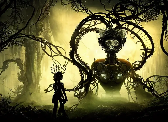 Image similar to silhouette of an intricate mechanical fairy with visible gears having tea with a cyborg gorgon medusa in a magical forest. Very detailed 8k. Fantasy cyberpunk horror. Sharp. Cinematic post-processing