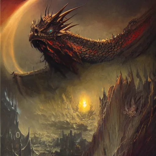Image similar to dragon, by seb mckinnon and frank frazetta