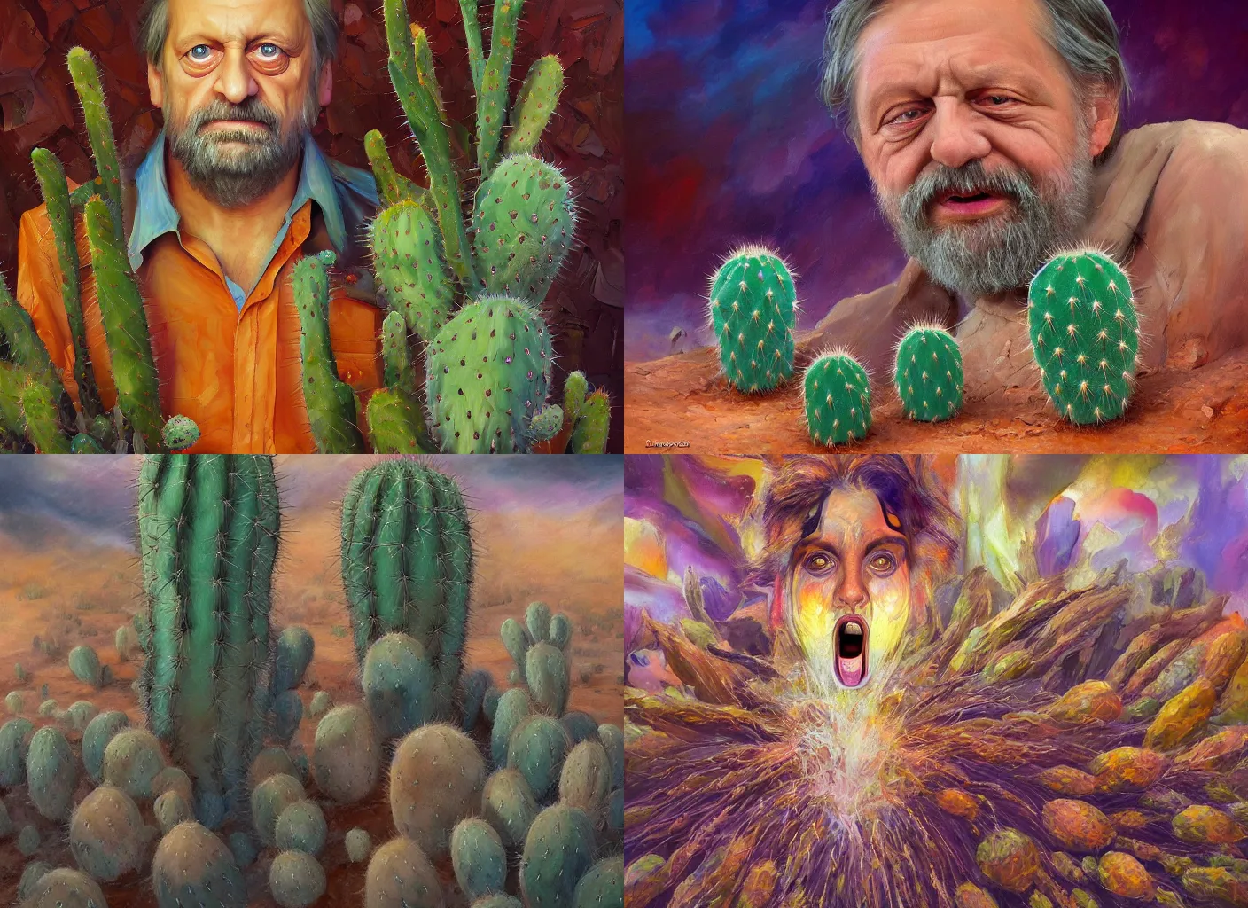 Prompt: slavoj zizek portrait, peyote cactus desert, oil painting of gloomy abstract surrealist forms by yvonne mcgillivray by mandy jurgens by michael divine, powerful eyes glowing highly detailed painting of gloomy, spiritual abstract forms, symmetrical, artstation, abstract emotional rage expression, fantasy digital art, patterned visionary art, by michael divine, cosmic nebula