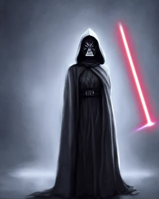 Image similar to half body shot, 1 8 years old dark lord of the sith judy garland wearing a hooded jedi cloak, with long black hair standing in deathstar hallway, rim light, volumetric lighting, digital painting, artstation, concept art, smooth, sharp focus, illustration, art by arney freytag, glamour pose, greg rutkowski, soft ambient lighting, particle effects