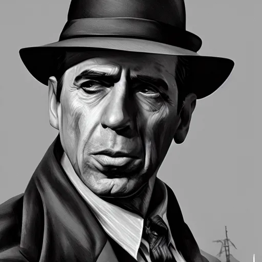 Image similar to humphrey bogart as film noir detective, portrait, highly detailed, digital painting, artstation, concept art, sharp focus, illustration, art , style of Walter Martin Baumhofer