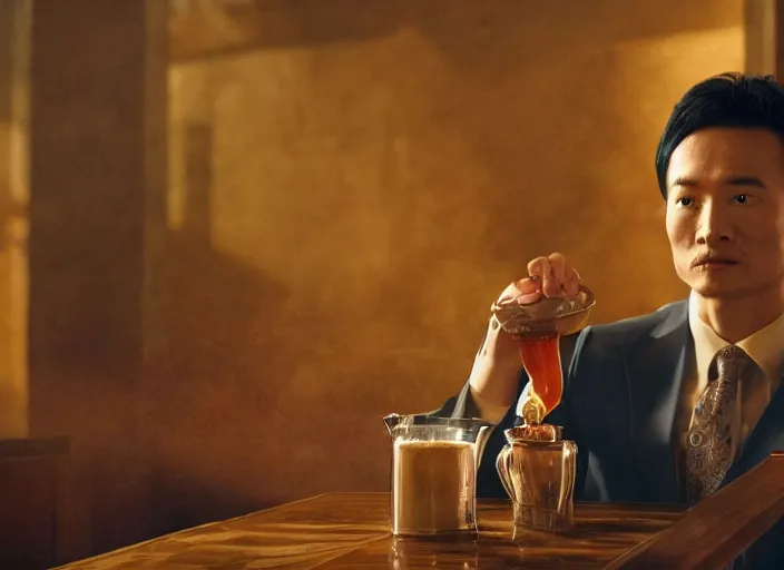 Prompt: A very high resolution image from a new movie, A Weasel wearing a suit drinks tea in a shabby Chinese room, surrounded by water vapor,beatiful backgrounds,dramatic Lighting, directed by hao ning