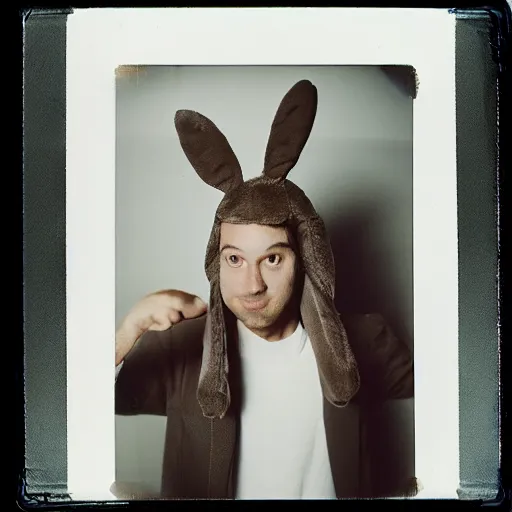 Image similar to grainy head to shoulder portrait polaroid film photograph of a man wearing a bunny costume in a rave party. looking at the camera!!. super resolution. extremely detailed. polaroid 6 0 0 film. by annie leibovitz and richard avedon