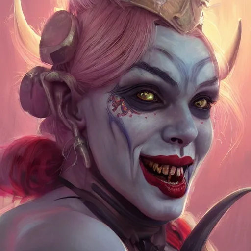 Image similar to portrait of harley quinn as a hulking herculean demon orc bugbear clown queen, forest, godlike, upper body, fantasy, intricate, elegant, highly detailed, digital painting, artstation, concept art, sharp focus, illustration, art by artgerm and greg rutkowski and alphonse mucha