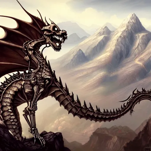 Prompt: skeleton dragon watching the world underneath, mountains, d & d, fantasy, intricate, elegant, highly detailed, digital painting, artstation, concept art, smooth, sharp focus, illustration, art by artgerm and dragolisco