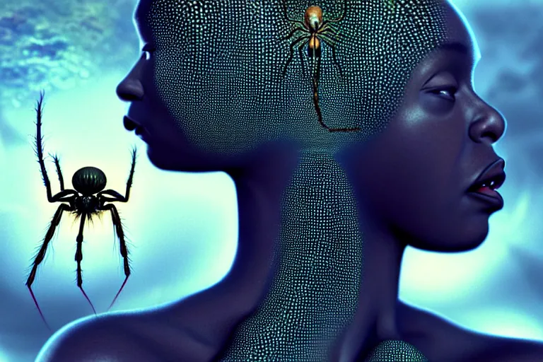 Image similar to realistic detailed photorealistic film portrait shot of a beautiful black woman with a giant spider, sci - fi city landscape background by denis villeneuve, amano, yves tanguy, alphonse mucha, ernst haeckel, max ernst, andrei tarkovsky, edward robert hughes, roger dean, necklace, dynamic pose, rich moody colours, wide angle, blue eyes