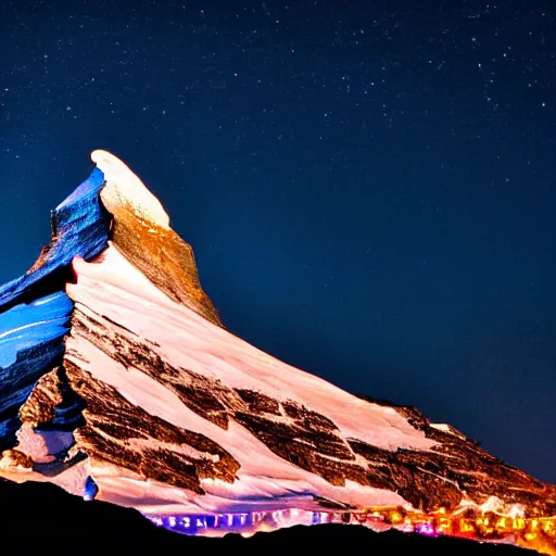 Image similar to an epic photo at nighttime of the matterhorn in the colors of indian flag, projection, illuminated on the matterhorn mountain at night