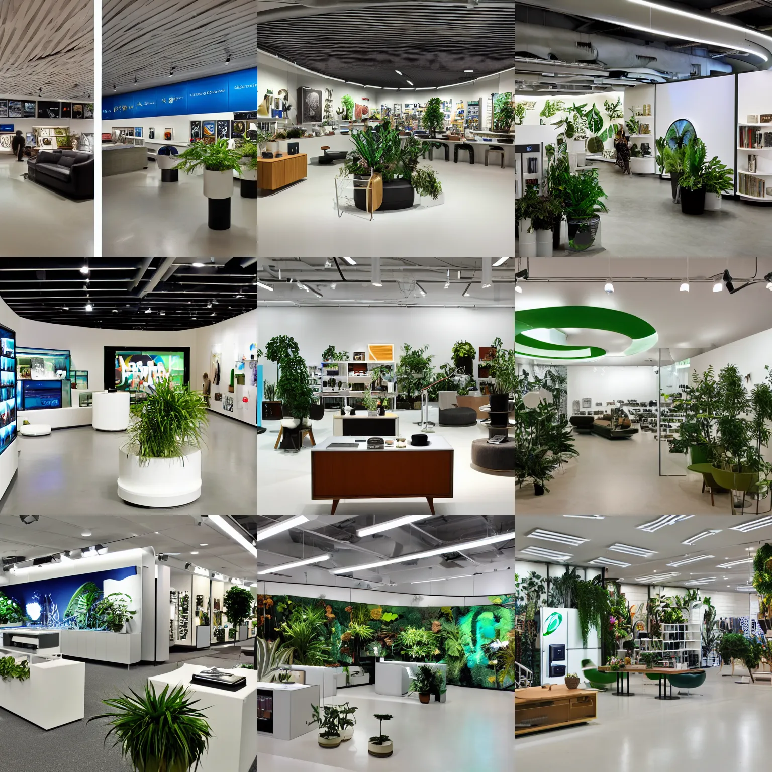 Prompt: hyperdetailed mid century modern samsung store, polished concrete, white walls, digital screens, curved furniture, lush plants.