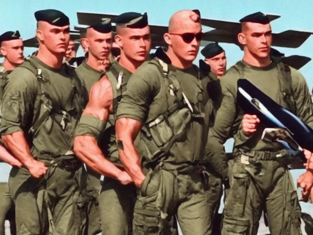 Image similar to vintage 90s VHS video still of muscular males promoting military aircrafts, realistic photo