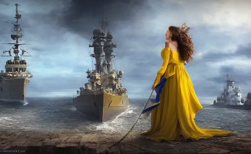 Image similar to cinematic shot from behind of a beautiful girl in national blue and yellow dress with beautiful hair standing against and facing a huge realistic detailed Russian warship on the horizon. She is ready to fight. Ukrainian flag on the left side, concept art, сinematic lighting, insanely detailed, smooth, sharp focus, Artstation, 8k, unreal engine, hyper realistic, steampunk style, bright background, moonlight, volumetric lighting, wallpaper, digital illustration by Ruan Jia and Mandy Jurgens and Artgerm and Wayne Barlowe and Greg Rutkowski and Zdislav Beksinski