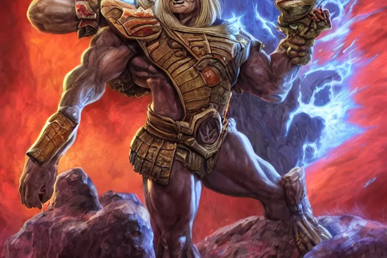 Image similar to realistic he - man, holding the power of grayskull, award winning photo, hd, high detailed